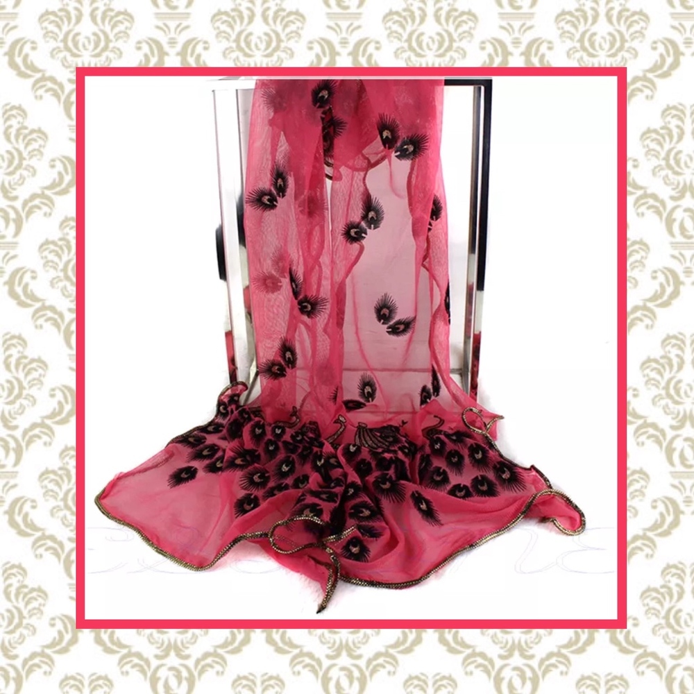 🎀 ROSE BLACK PEACOCK EMBROIDERED SCARF WRAP COVER LONG SHEER MULTIPURPOSE